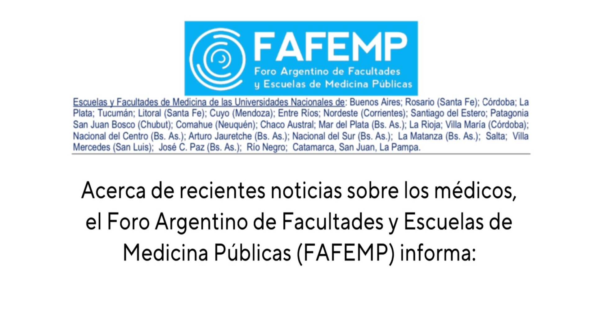 Comunicado del Foro Argentino de Facultades y Escuelas de Medicina Públicas (FAFEMP) respecto de las recientes noticias sobre las médicas y médicos argentinos